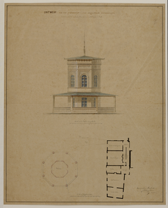 216537 Plattegrond en opstand van het ontwerp voor een koepelvormig gebouwtje voor magnetische waarnemingen op het ...